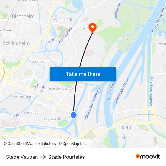 Stade Vauban to Stade Pourtalès map