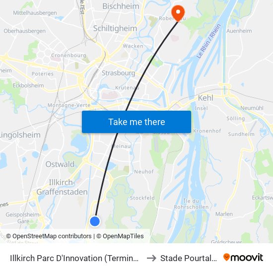 Illkirch Parc D'Innovation (Terminus) to Stade Pourtalès map