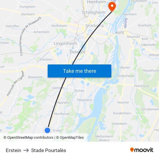 Erstein to Stade Pourtalès map