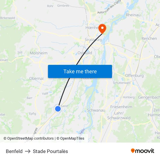 Benfeld to Stade Pourtalès map