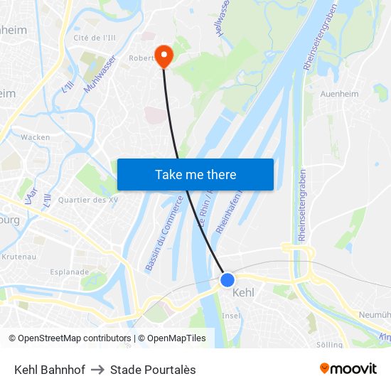 Kehl Bahnhof to Stade Pourtalès map
