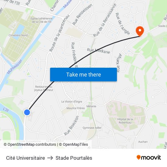 Cité Universitaire to Stade Pourtalès map