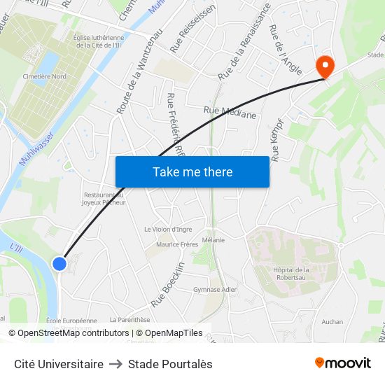 Cité Universitaire to Stade Pourtalès map