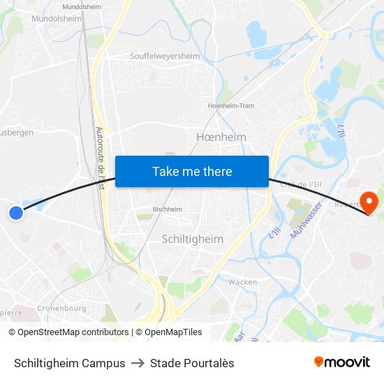 Schiltigheim Campus to Stade Pourtalès map