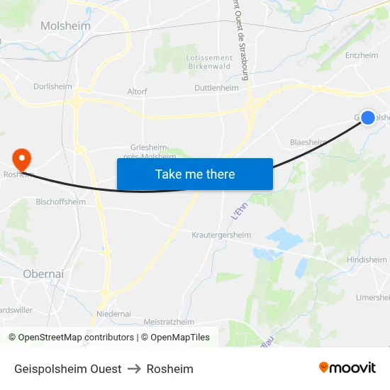 Geispolsheim Ouest to Rosheim map