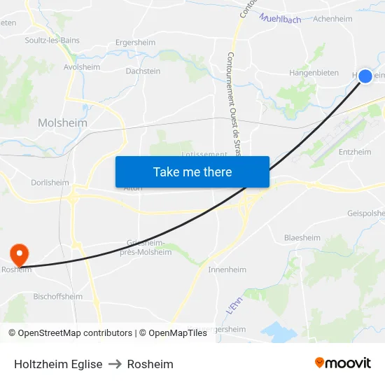 Holtzheim Eglise to Rosheim map