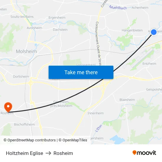 Holtzheim Eglise to Rosheim map