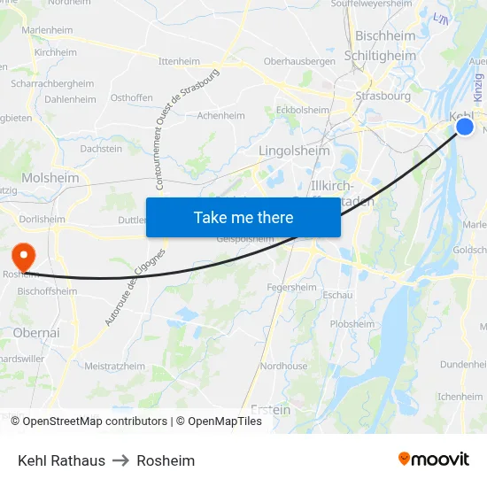 Kehl Rathaus to Rosheim map