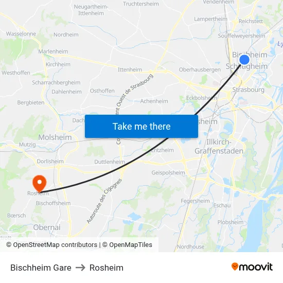 Bischheim Gare to Rosheim map