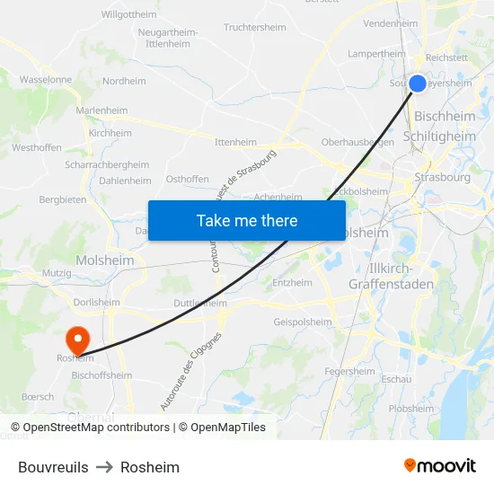 Bouvreuils to Rosheim map