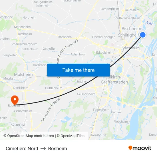 Cimetière Nord to Rosheim map