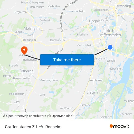 Graffenstaden Z.I to Rosheim map