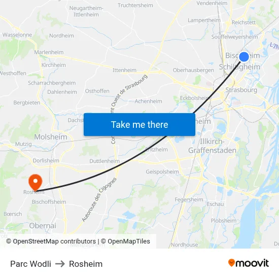 Parc Wodli to Rosheim map