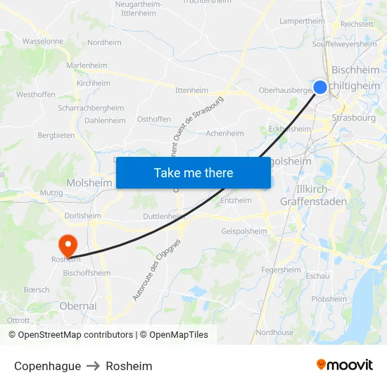 Copenhague to Rosheim map