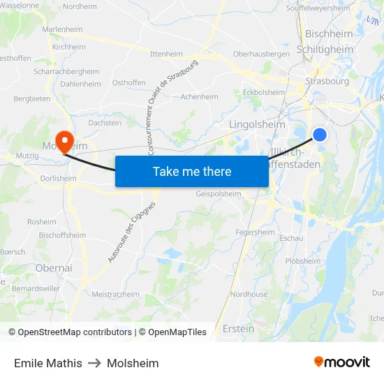 Emile Mathis to Molsheim map