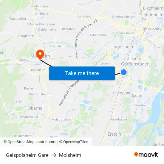 Geispolsheim Gare to Molsheim map