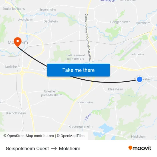 Geispolsheim Ouest to Molsheim map