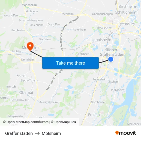 Graffenstaden to Molsheim map