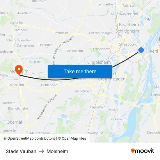 Stade Vauban to Molsheim map