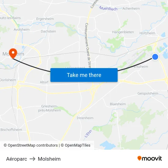 Aéroparc to Molsheim map