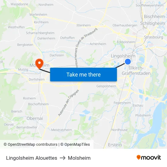 Lingolsheim Alouettes to Molsheim map