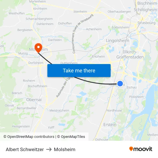 Albert Schweitzer to Molsheim map