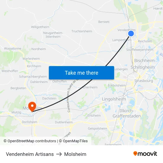 Vendenheim Artisans to Molsheim map