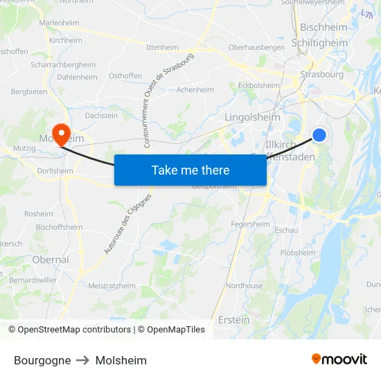 Bourgogne to Molsheim map