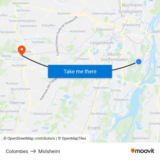 Colombes to Molsheim map