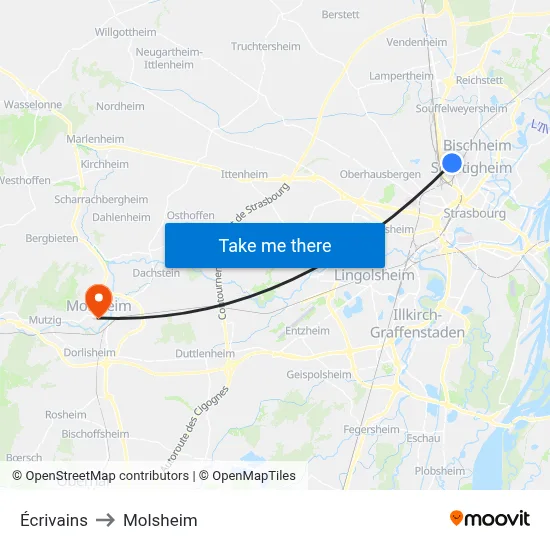 Écrivains to Molsheim map