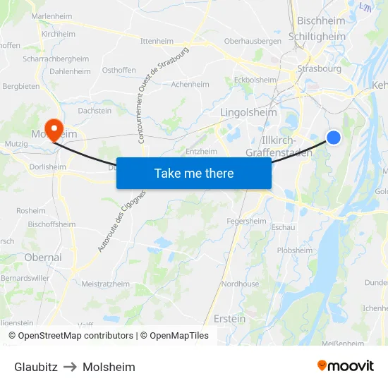 Glaubitz to Molsheim map