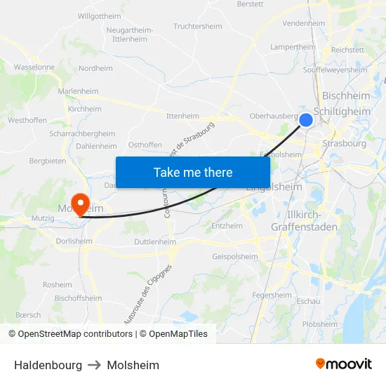 Haldenbourg to Molsheim map