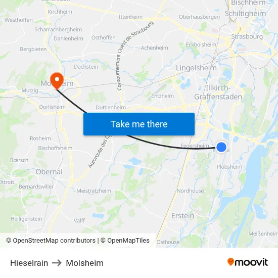 Hieselrain to Molsheim map