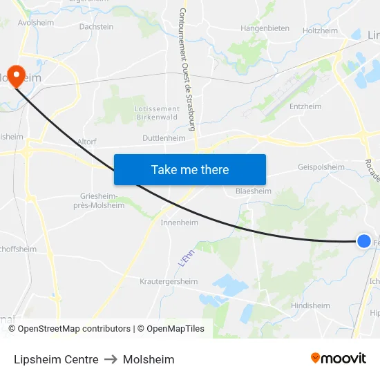 Lipsheim Centre to Molsheim map