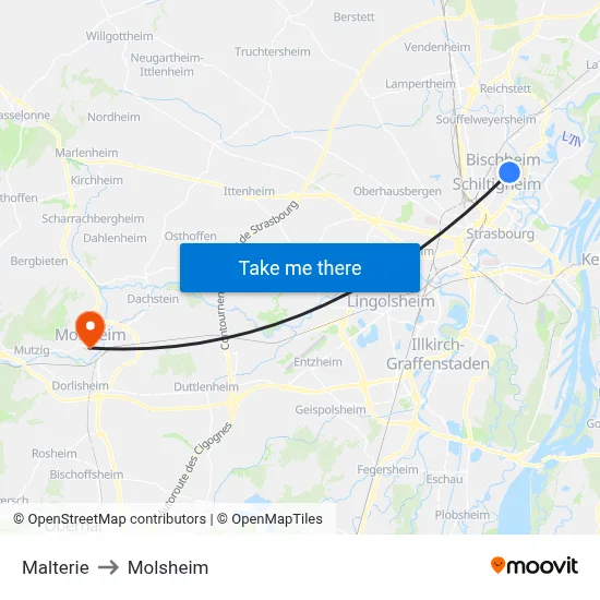 Malterie to Molsheim map