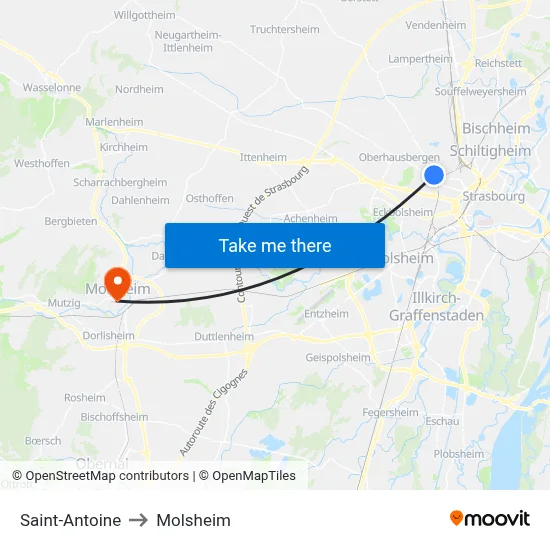 Saint-Antoine to Molsheim map