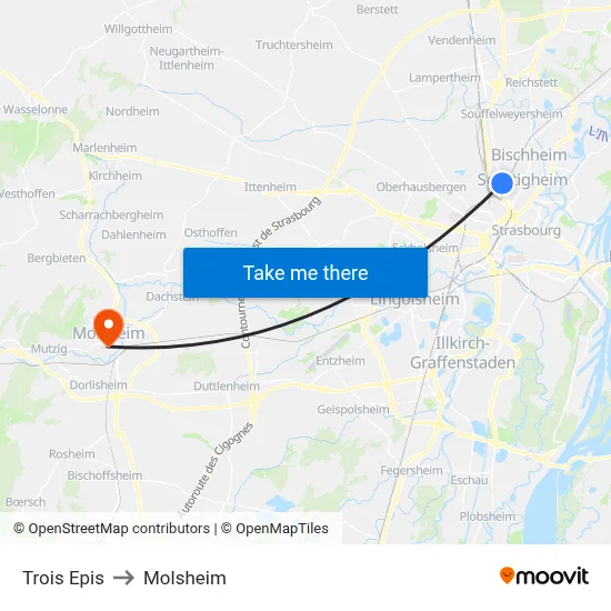 Trois Epis to Molsheim map