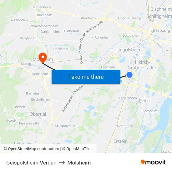 Geispolsheim Verdun to Molsheim map