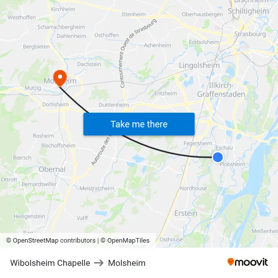 Wibolsheim Chapelle to Molsheim map