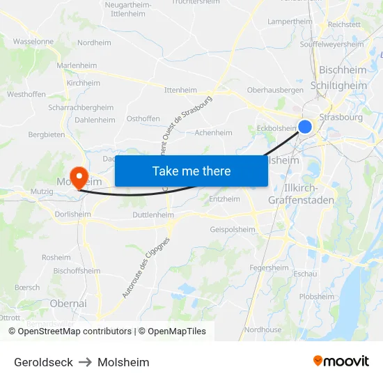 Geroldseck to Molsheim map