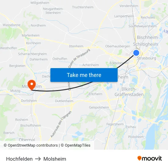 Hochfelden to Molsheim map