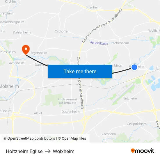 Holtzheim Eglise to Wolxheim map