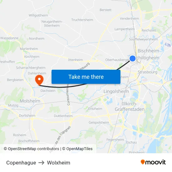 Copenhague to Wolxheim map
