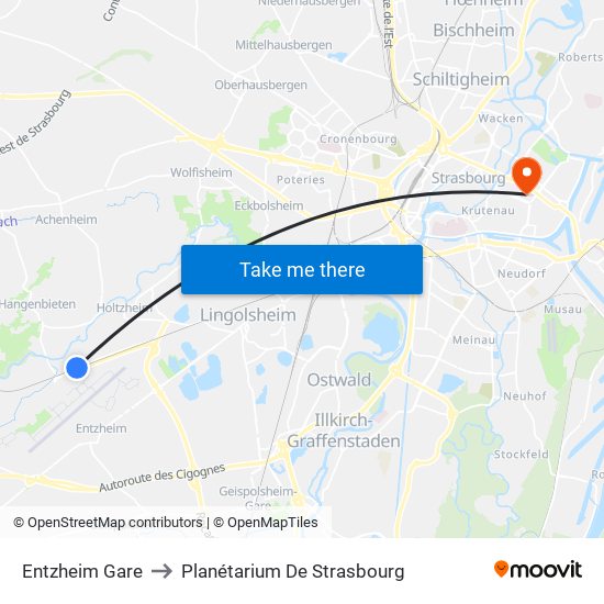 Entzheim Gare to Planétarium De Strasbourg map