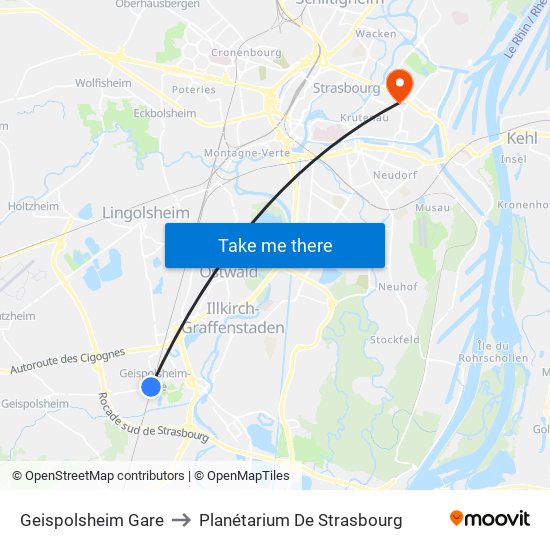 Geispolsheim Gare to Planétarium De Strasbourg map