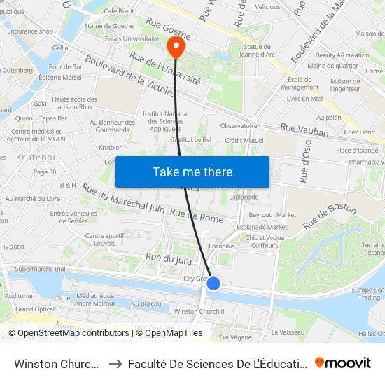 Winston Churchill to Faculté De Sciences De L'Éducation map