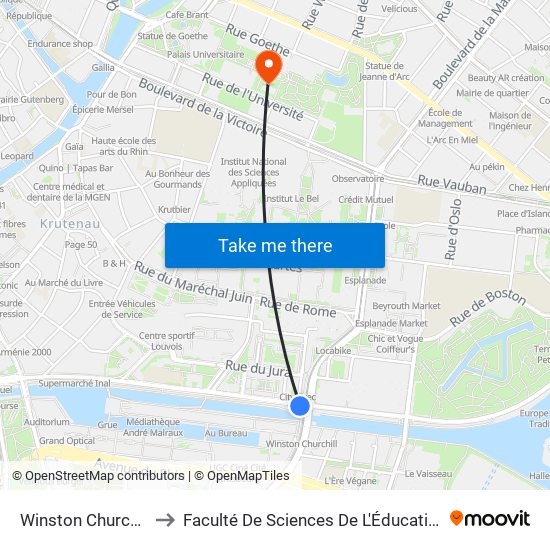 Winston Churchill to Faculté De Sciences De L'Éducation map
