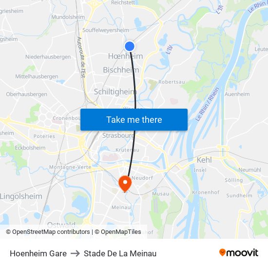 Hoenheim Gare to Stade De La Meinau map