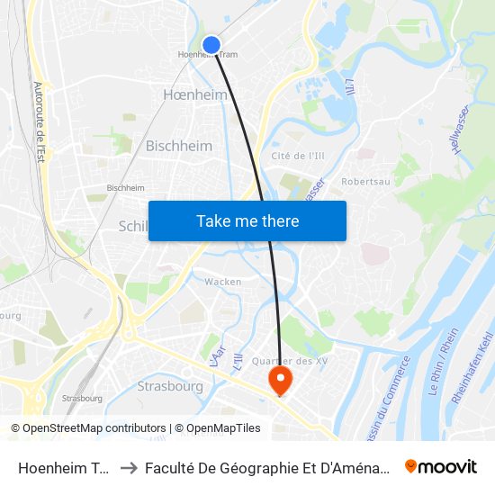 Hoenheim Tram to Faculté De Géographie Et D'Aménaqement map