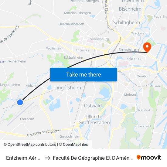 Entzheim Aéroport to Faculté De Géographie Et D'Aménaqement map